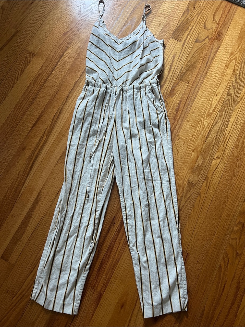 Beige by eci Cream Jumpsuit with yellow and black Vertical Stripes